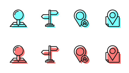 Set line Location with house, Folded map location marker, Road traffic sign and icon. Vector