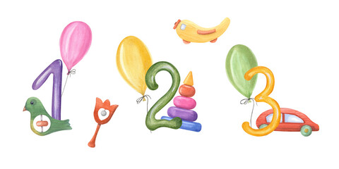 Numbers from 1 to 3 with kid wood toys and colors balloons. Bird, car, airplane, rattle, beanbag, pyramid. Watercolor illustration isolated on white background. For design of children party