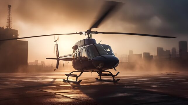 Helicopter Landing On Helipad On Top Of The Building Evening Sunset Dark Sky. Generative AI Technology.