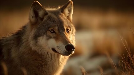 Close up of wolf face stare and observe in the meadow nature background. Generative AI technology.