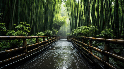 A Bamboo Forest With a Path in The Rain AI Generative