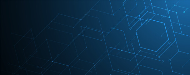 Technology banner design with hexagons abstract background.