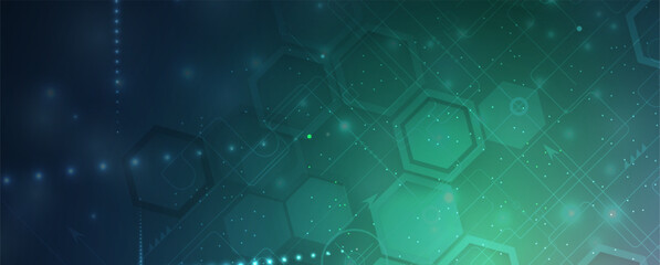Technology banner design with hexagons abstract background.