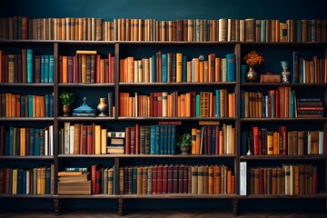 A wall of a home library lined with bookcases and shelves filled with books and decorations. Very colorful and blue wallpaper. Generative AI.