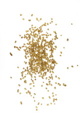Golden sprinkles isolated on white background top view. Sweet silver glaze decoration or chocolate vermicelli
