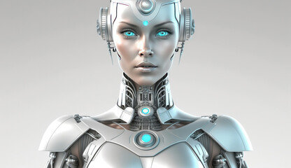 Obraz na płótnie Canvas Illustration with metallic female android robot as a symbol of AI technologies. 3D, highly detailed. For covers, backgrounds and other projects about modern technologies.