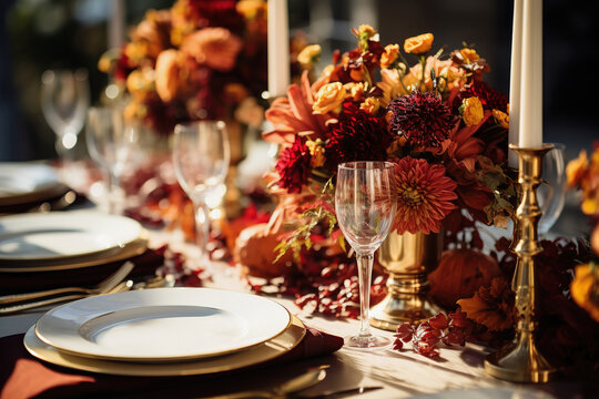 Autumn decor, table details closeup. Holiday or wedding festive luxury design