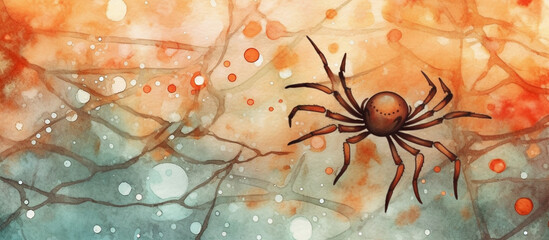 Watercolor Halloween banner with copy space. Spider and web on an orange background. Generative AI
