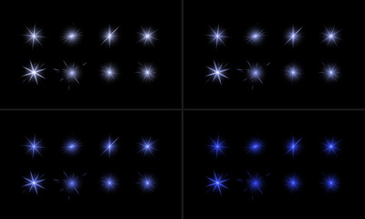 Glowing lights effect, flash, explosion and stars. Special effect isolated on dark background. Transparent background. Pack.