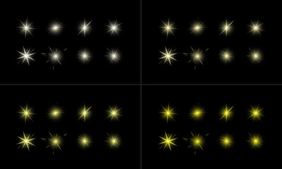 Glowing lights effect, flash, explosion and stars. Special effect isolated on dark background. Transparent background. Pack.
