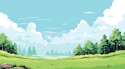 Obraz na płótnie Canvas illustration green meadow with trees blue sky. Vector illustration