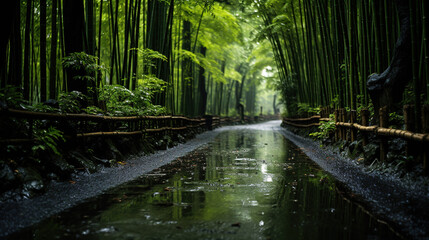 Fototapeta na wymiar A Bamboo Forest With a Path in The Rain AI Generative