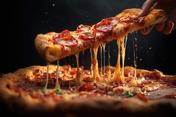 A dynamic image of a hand reaching for a slice of pizza, showcasing the gooey cheese and irresistible toppings. Generative AI
