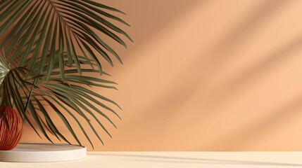 Minimal abstract cosmetic background for product presentation. Sunshade palm leaf shadow on plaster wall. 3d render illustration