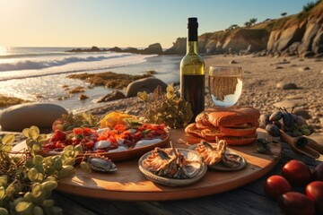 A picturesque beach picnic with a spread of fresh seafood, sandwiches, salads, and chilled beverages. Generative AI