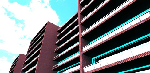 Bottom view of the contemporary apartment building with long balconies fenced with glass. Turquoise illumination as a decor. 3d rendering.