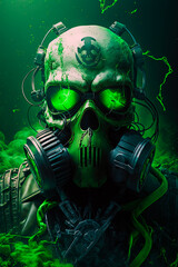 Doomsday. Last day on earth. Nuclear explosion. A skull wearing a gas mask and goggles. Generative AI