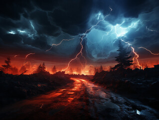 Background End of the world Apocalypse, montain, clounds, lightning and volcanoes, Generative Ai