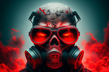 Doomsday. Last day on earth. Nuclear explosion. A skull wearing a gas mask and goggles. Generative AI