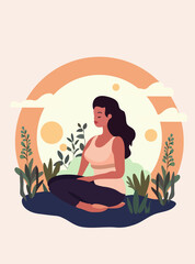Obraz na płótnie Canvas Female in tranquil meditation amidst nature and foliage.Concept for yoga, stress relief, mindfulness, relaxation, recreational wellness, and health. Vector illustration.