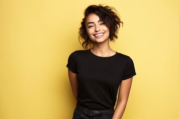 Female wearing black tshirt for mock up on lemon background - obrazy, fototapety, plakaty