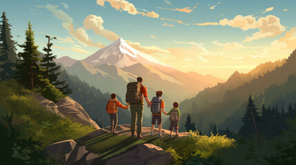 the family trekking together in the mountains forest - obrazy, fototapety, plakaty