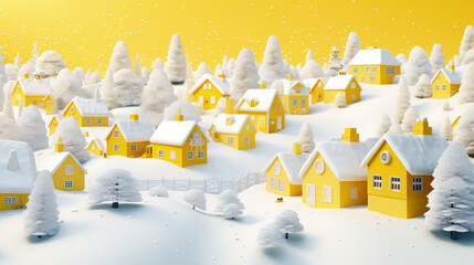 yellow and white snowy village in winter background for the Christmas