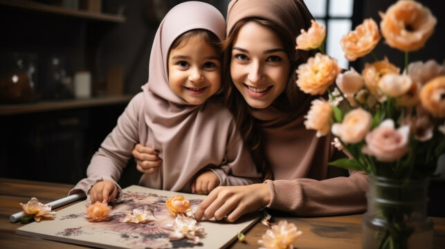 Happy muslim mother and daughter in hijab looking at camera and smiling, while sitting at home. - Powered by Adobe