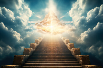 Stairway ascending through clouds towards divine light creating a heavenly passage 