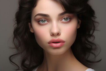 Fototapeta premium Beautiful caucasian brunette woman wiith sexy smile. She is happy that she used the services of your beauty salon or cosmetology clinic. Shows her augmented plump lips, ready to kiss.