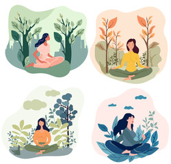 A woman meditates in a yoga lotus position surrounded by leaves and flowers. Concept of yoga practice, meditative relaxation, healthy lifestyle, leisure and wellness support. Vector.