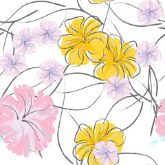 Pink Flowers Blooming Pattern. Pastel Watercolor.