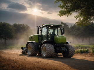 Obraz premium Futuristic potato harvester harvesting on the ground, potato tubers, doing outdoor gardening in the early morning hours. Futuristic Eco farm Concept
