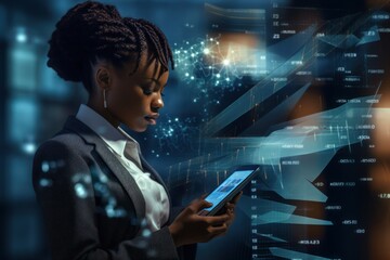 Obraz premium black woman business technology holographic screen, futuristic