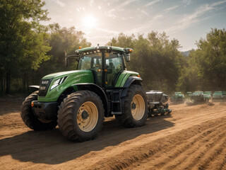 Fototapeta premium Futuristic potato harvester harvesting on the ground, potato tubers, doing outdoor gardening in the early morning hours. Futuristic Eco farm Concept