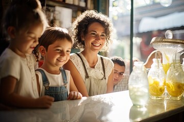 Happy family with two kids in a cafe. They are looking at camera and smiling. family enjoying a steaming cup of lemonade on a sunny day in a quaint, cozy coffee shop, AI Generated - obrazy, fototapety, plakaty
