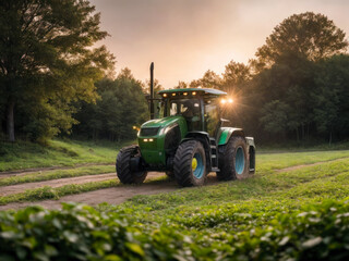 Obraz premium Futuristic potato harvester harvesting on the ground, potato tubers, doing outdoor gardening in the early morning hours. Futuristic Eco farm Concept