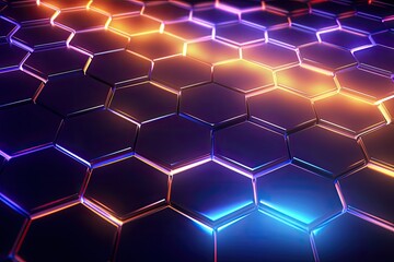 3d rendering of abstract background with hexagons in neon light. Abstract background hexagon pattern with glowing lights, AI Generated