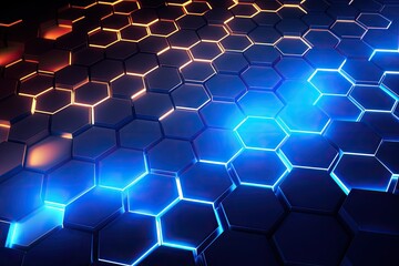 3d rendering of abstract background with hexagons glowing in the dark, Abstract background hexagon pattern with glowing lights, AI Generated - obrazy, fototapety, plakaty