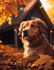 Dog in Autumn Leaves near the House, Generative AI 
