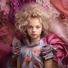 Obraz na płótnie Canvas girl in a pink dress poses behind a flower wall