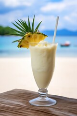Traditional caribbean cocktail pina colada in a glasses on a blue slate,stone or concrete background. Generative AI