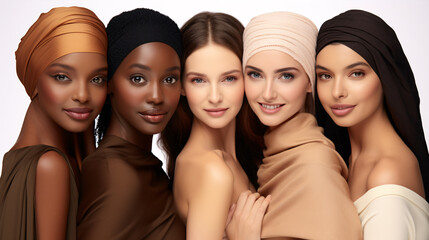 Obraz premium Diverse beauty: Varied ethnicities - Caucasian, African, Asian, and Indian women on a pastel backdrop.