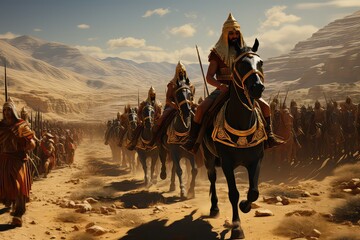 Ancient Egyptian warriors and cavalry fighting the Hittites on the battlefield, Kadesh battle. Generative AI.