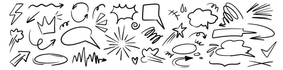 Fototapeta Charcoal pen liner doodle elements, crown, emphasis arrow, speech bubble, scribble. Handdrawn cute cartoon pencil sketches of decorative icons. Vector illustration of cloud, highlight, explosion, sunb obraz