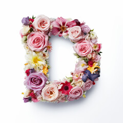 Fototapeta na wymiar Colorful alphabet capital letter D made with flowers. Spring summer flower font.