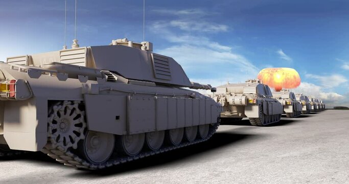 Tanks Pushing Through Fierce Resistance. Explosions And Flames. War Related 3D Animation.