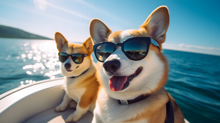 Funny Corgi Dogs wearing sunglasses are taking selfies on a yacht with the sea in the background.
