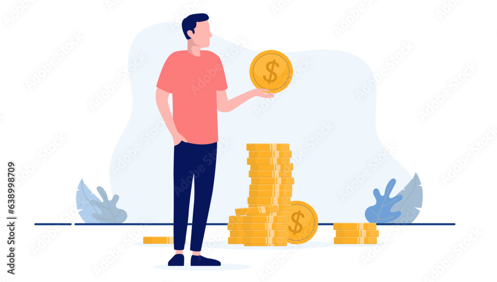 Poster man with money - vector illustration of relaxed casual man with hand in pocket holding dollar coin a