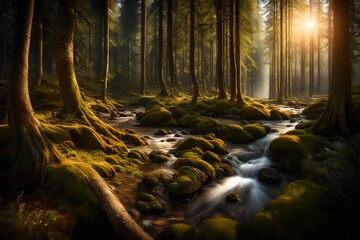 Generate a panoramic shot of a sunlit forest clearing with a gentle stream running through it